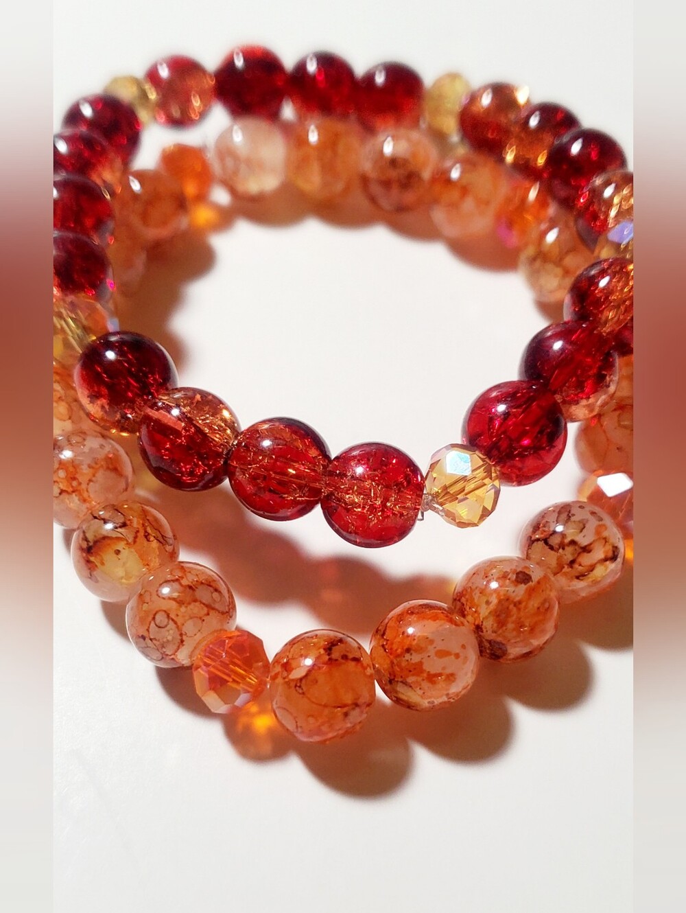 Women’s Red & Orange Glass Beaded Stretch Bracelet Set